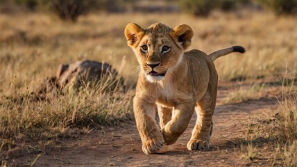 Fototapeta premium Two lion cubs running in African savannah