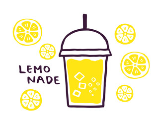 かわいいレモンとレモネードとLemon文字セット／手書き文字ベクターイラスト