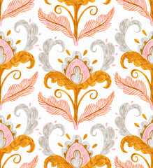 Decorative floral pattern. The ornament is drawn with markers. Gold, pink, beige and gray colors on a white background. Print for your decor.