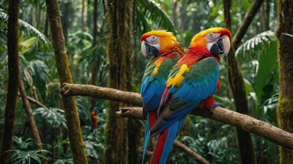  Two macaws (red and blue-yellow) flying in rainforest