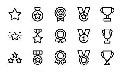 Awards line icon set. Award icon set containing badges, trophy, cups, ribbons, medals. Solid icon collection. Vector outline illustration
