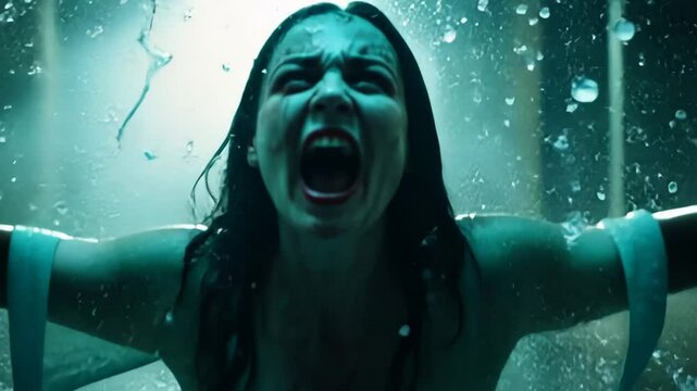 A woman with dark hair, soaked and screaming, stands with arms raised amidst splashing water, evoking Halloween, fear, and intense emotion