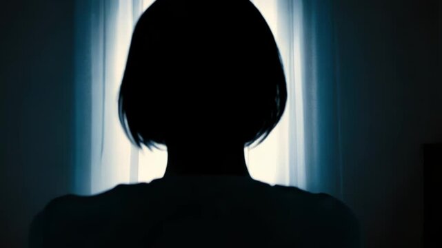 Silhouette of a woman with short hair sitting alone in a dark room, symbolizing solitude and contemplation, relevant to mental health awareness or World Mental Health Day