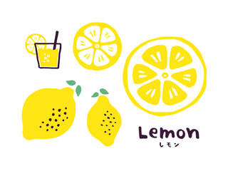 かわいいレモンとレモネードとLemon文字セット／手書き文字ベクターイラスト