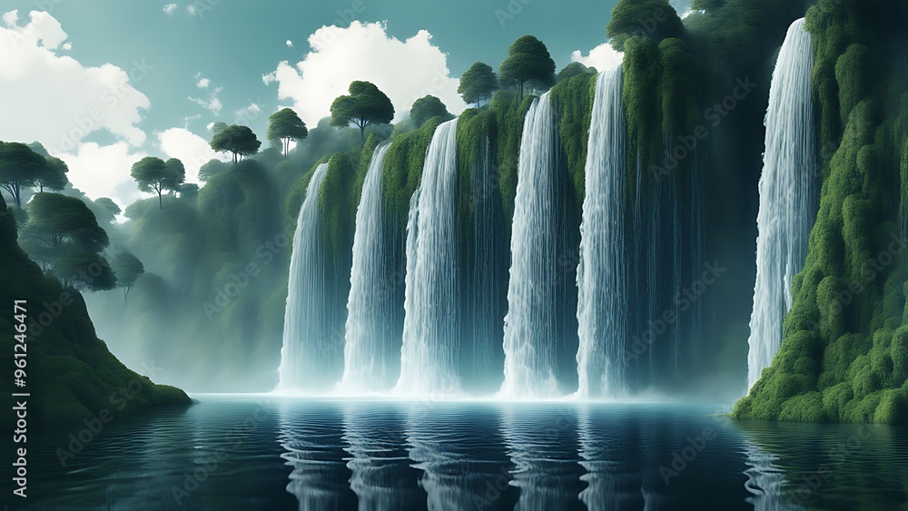 Poster a surreal digital landscape where a waterfall made of binary code flows into a digital ocean, blendi