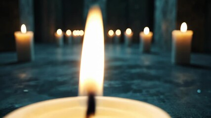 A serene arrangement of lit candles on a dark surface, perfect for depicting concepts of peace, meditation, or commemorating holidays like All Saints' Day