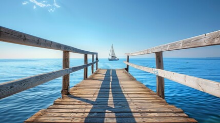Obraz premium Serene coastal scene a wooden dock framed by railings overlooking calm blue waters and a sailboat