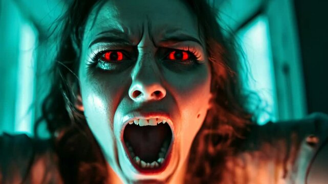 Terrifying close-up of a woman with glowing red eyes screaming, perfect for Halloween, horror movies, and supernatural-themed content
