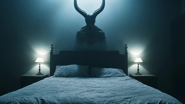 Eerie bedroom scene with a demonic horned figure above the bed, perfect for Halloween, horror movies, and gothic-themed decor concepts