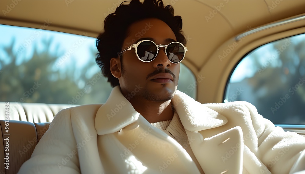 Wall mural Confident individual in a white blazer and chic sunglasses relaxing in a luxurious car interior illuminated by soft dappled sunlight