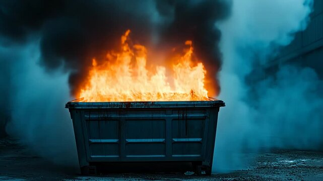 A large industrial dumpster engulfed in flames with thick smoke surrounding it, conceptually representing chaos and crisis, related to emergency preparedness and fire safety