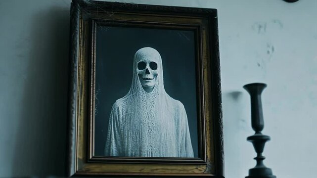 A creepy framed portrait of a ghostly figure with a skull face, perfect for Halloween or Dia de los Muertos decor