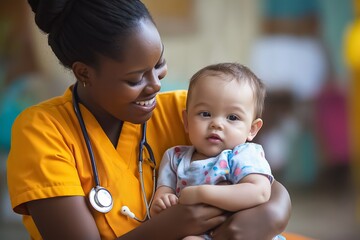 Pediatric nurse smiling and holding a baby while working in a brightly colored hospital room