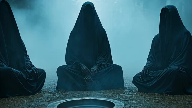 Mystical hooded figures gathered around a steaming cauldron in a foggy forest, evoking themes of Halloween and dark rituals