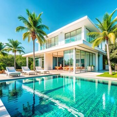Fototapeta premium A luxurious, modern villa is showcased, featuring sleek white architecture with clean lines and large glass windows that reflect the bright blue sky.