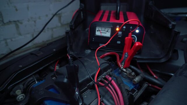 red new car battery charger with ammeter and terminals for 6 volts and 12 volts