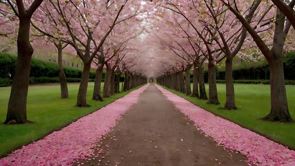 Fototapeta premium Long road view landscape, large cherry blossom trees on the road sides made a beautiful unique landscape