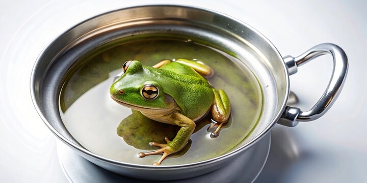 Aerial frog in pot of water oblivious to boiling danger