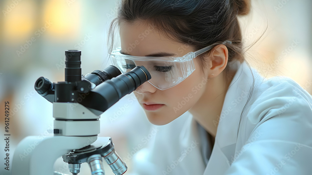 Poster a focused scientist examining samples through a microscope.