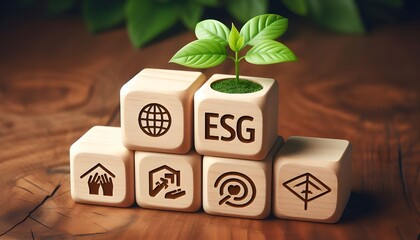 Wooden cubes with ESG icons and green plant symbolizing sustainable investment and organizational development for environmental and social governance