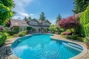 Obraz premium In-Ground Swimming Pool Surrounded by Hedges and Trees with Light Brown Patio Tiles and Garden Chair