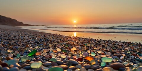 Beautiful small shiny and colorful stones on sea beach with sunset in horizon landscape view
