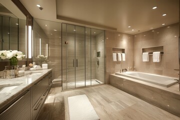 Obraz premium Modern bathroom with shower, tub, and elegant fixtures.