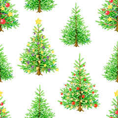 Bright Christmas trees seamless pattern on white background. Hand drawn fir trees with festive bright vintage style decoration. Winter holidays festive traditional decor seamless pattern element