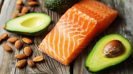 Healthy mediterranean diet  fresh raw salmon with sliced avocado   a top view of nutrient rich foods