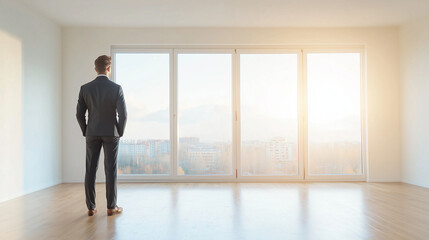 bright and joyful image of a young businessman standing in his new home apartment, symbolizing success in real estate investment and property ownership. Ideal for visuals related t