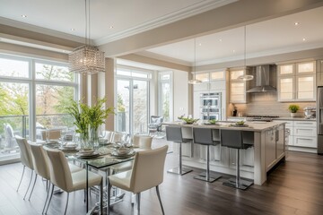 Fototapeta premium Modern kitchen and dining area with elegant decor and large windows for natural light.