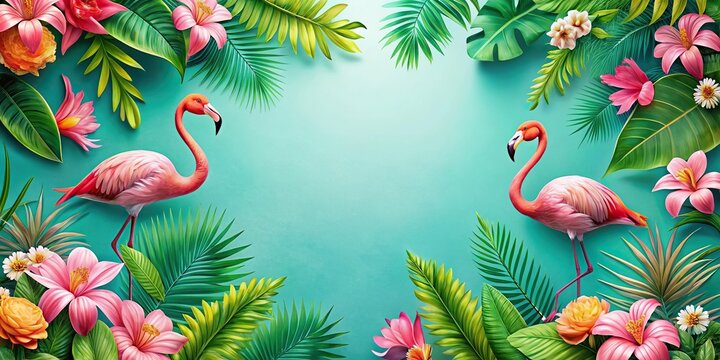 Aerial summer background with flamingos and tropical flowers