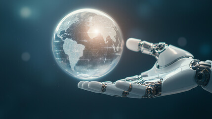 robot hand holding a floating hologram of planet Earth, symbolizing global business communication, AI machine intelligence, and future tech networks. Suitable for visuals related t