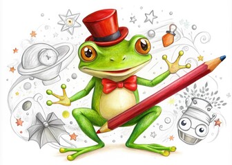 Whimsical illustration of a cheerful green frog wearing a bright red top hat, holding a pencil, surrounded by doodles and sketches on a white background.