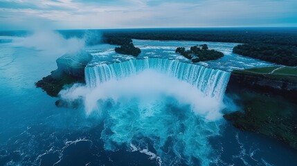 A drone shot of the Niagara Falls showcasing the immense power and scale from above