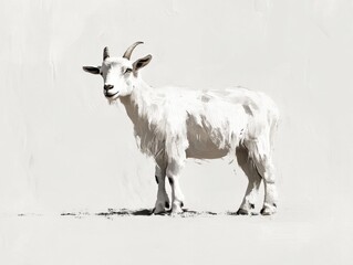 Fototapeta premium A curious white goat stands gracefully on a calm landscape under soft daylight in nature