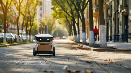 Autonomous delivery robot navigating urban streets to deliver a package, demonstrating smart logistics, AI and robotics, urban delivery
