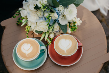 Romantic postcard with coffee and flowers
