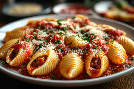 A plate of stuffed pasta shells with red sauce. AI generative