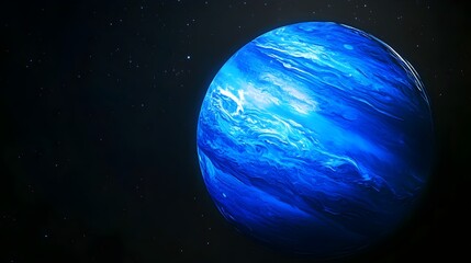 Naklejka premium Captivating holographic representation of the magnificent planet Neptune showcasing its distinctive deep blue color and striking swirling atmospheric winds in a futuristic sci fi inspired visual