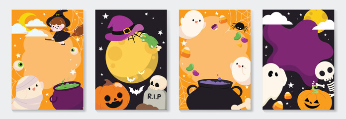 Happy Halloween poster vector set. cute collection spooky ghost, pumpkin, bat, candy, moon, skull, spider, cat, witch. Illustration halloween festival for decoration, prints, website, promotion, ads.