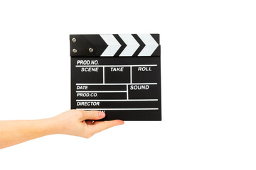 Movie clapper. Movie clapperboard in hands isolated on white background. Concept recreation and...