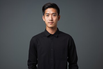 A man in a black shirt is standing in front of a gray background