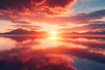 Obraz premium Dramatic Sunset Over Mountain Range Reflecting in a Calm Lake