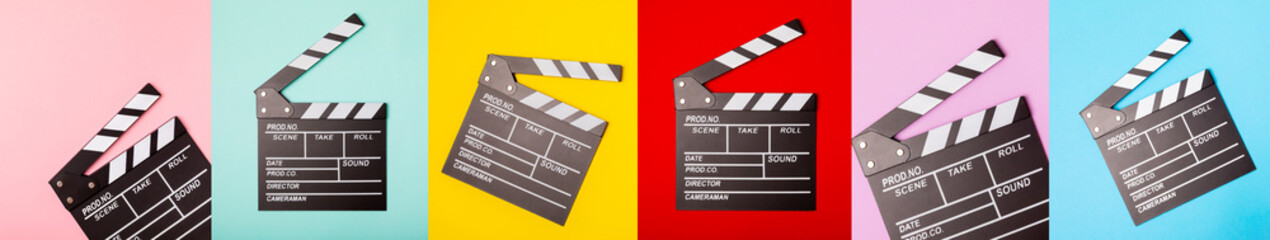 Obraz premium Movie clapper. Movie clapperboard on a bright colored background. Concept of rest and entertainment. Concept of cinema. Film director. Producer. Business and profession. Place for text. Copy space