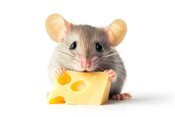 Tiny cute mouse holding a piece of cheese isolated on white background