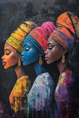 Fototapeta premium Abstract painting of two African women with colorful headwraps and jewelry