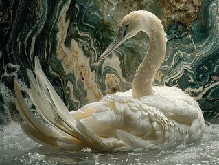 Obraz premium A white swan with wet feathers, facing right, against a marbled background.