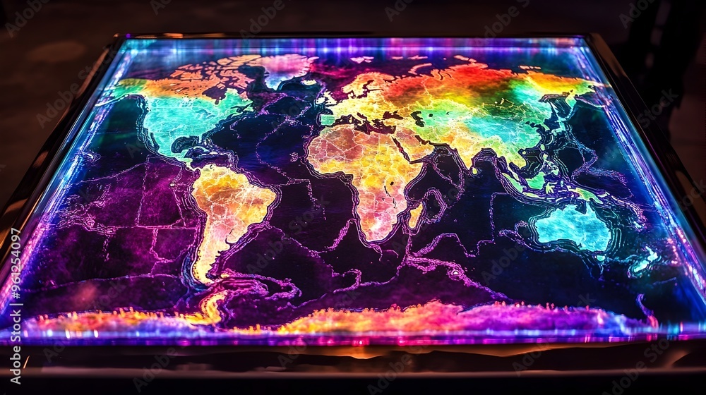 Poster holographic display of a world map with continents and countries illuminated in vibrant colorful hue