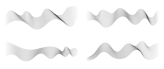 Abstract black and grey vibration wave set. Collection of sound audio wavy line, dotted halftone and waveform. Element on white background for business, science, music and technology.